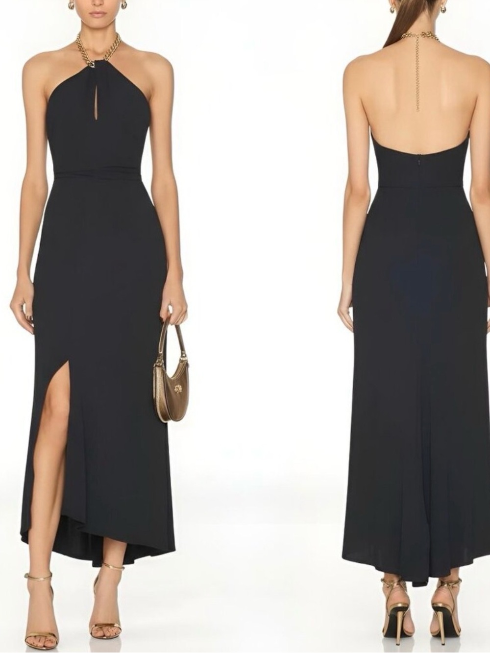 Veronica Beard Reze Chain Link Halter Maxi Dress Navy Blue Jersey Ruched Gown M